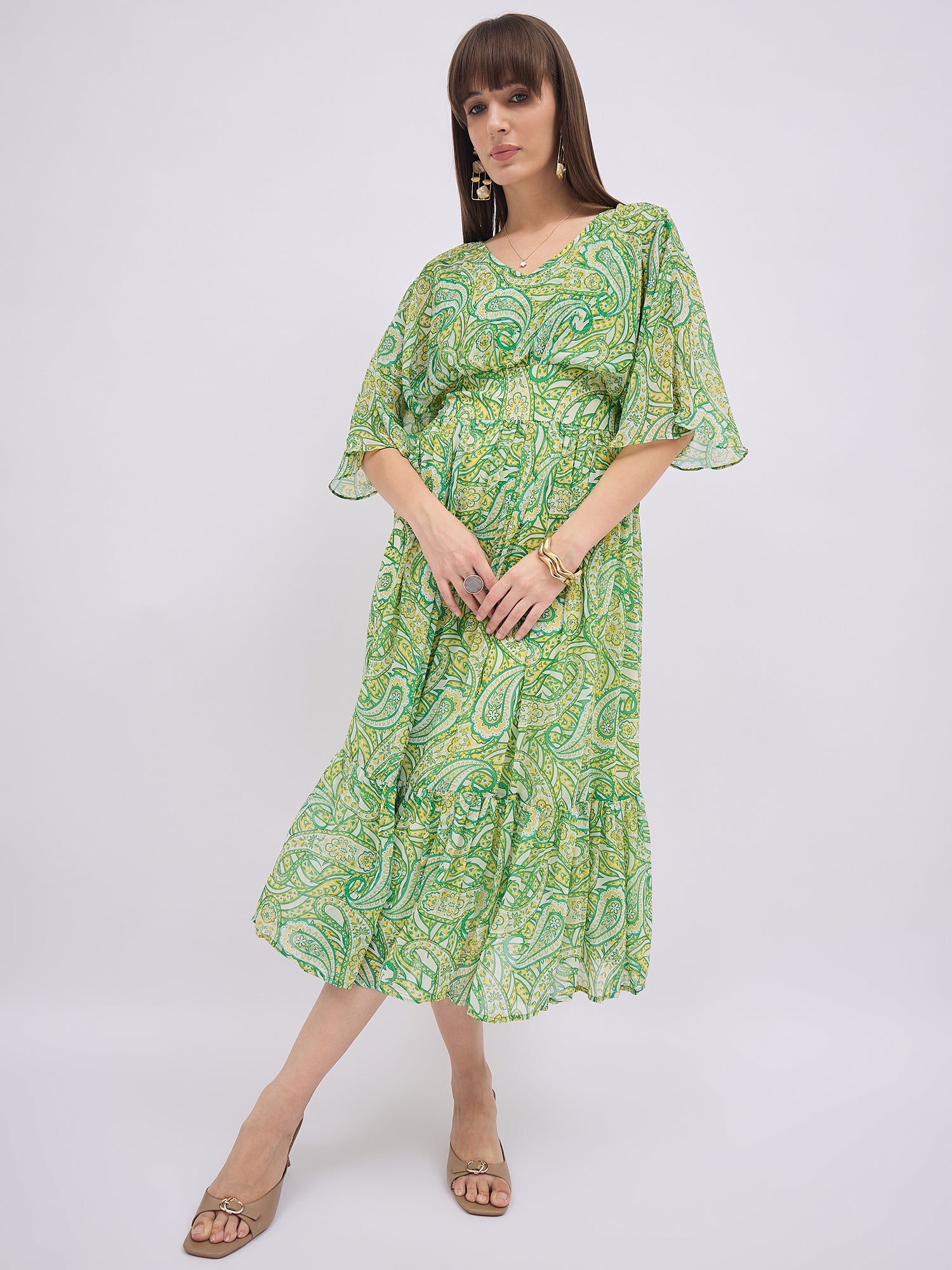 Multi Polyester Printed Butterfly Sleeves Paisley Dress