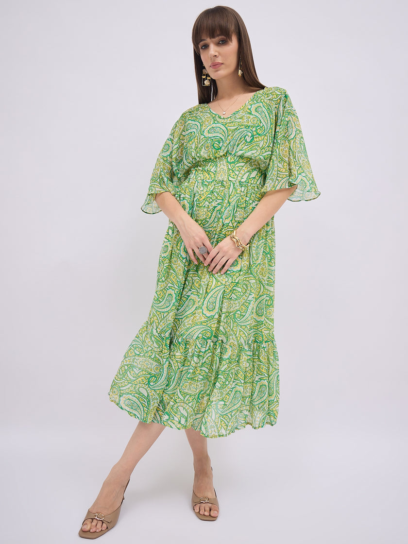 Multi Polyester Printed Butterfly Sleeves Paisley Dress