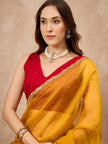 Yellow Organza Solid with Embellished Cut Work Border Saree with Unstitched Blouse