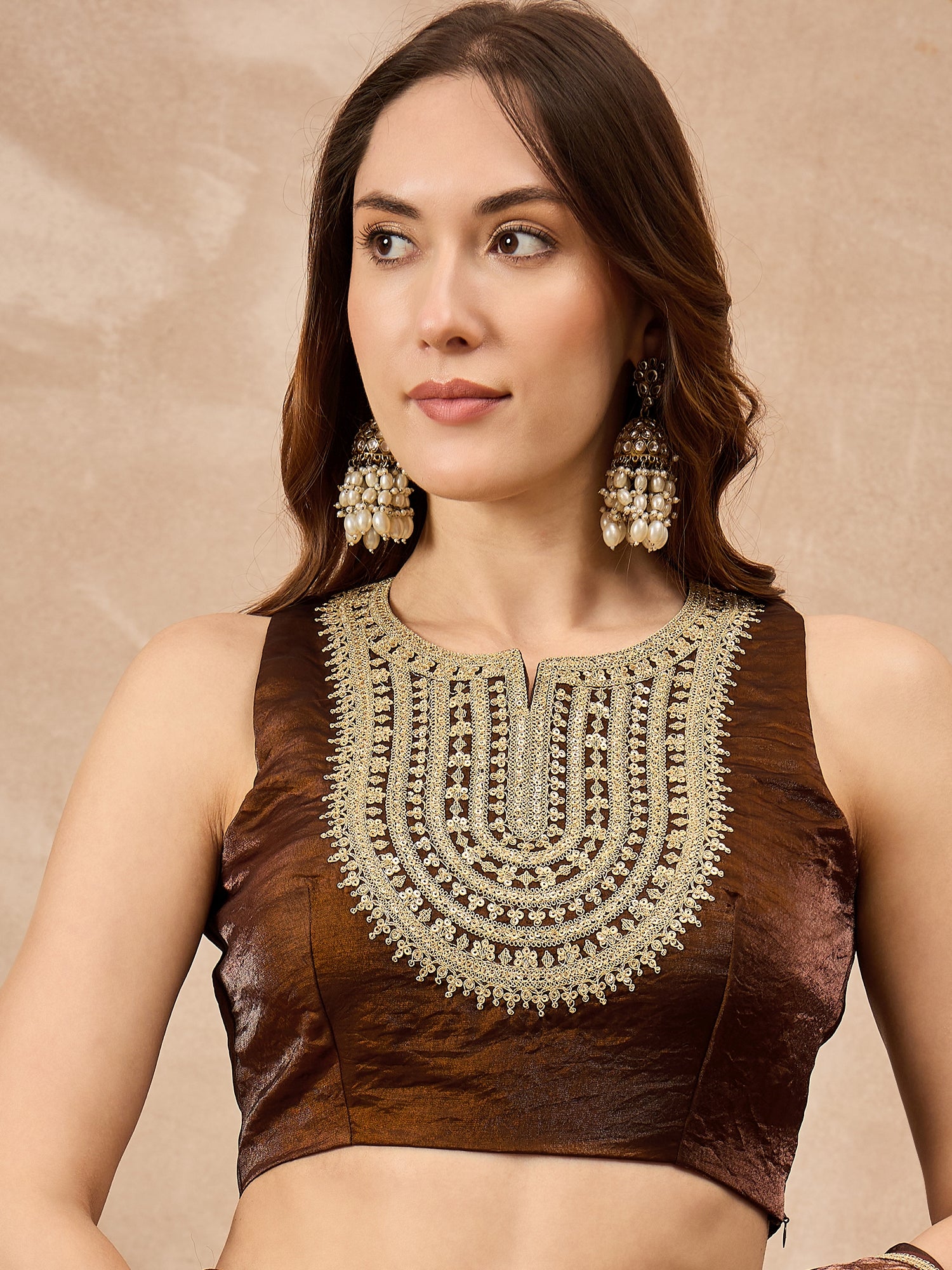 Brown Organza Solid with Coding Lace Saree with Unstitched Blouse