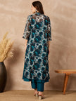 Teal Silk Blend Solid A-Line Kurta Trouser With Floral Print Shrug