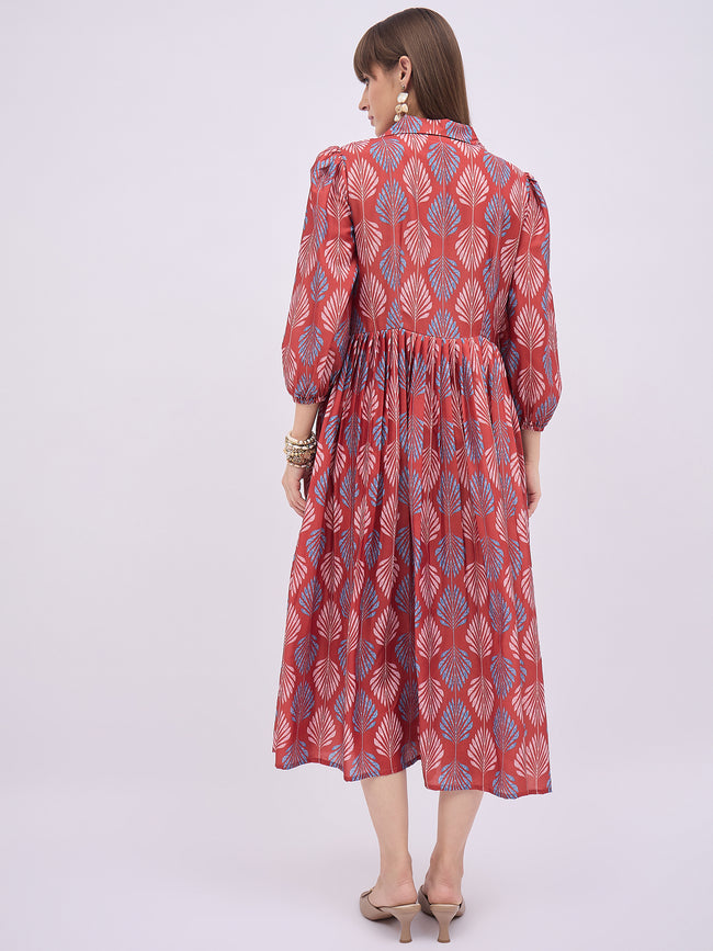 Multi Polyester Printed Puff Sleeves Floral Dress