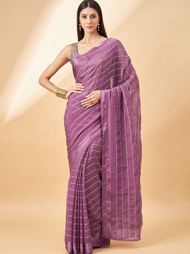 Lavender Chiffon Viscose Stripes Saree with Unstitched Fancy Blouse