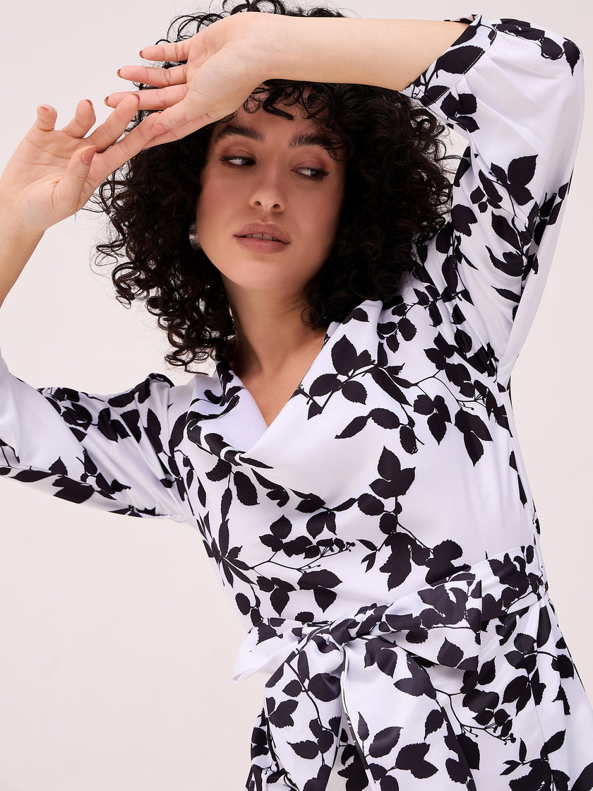 Multi Polyester Printed Cuffed Sleeves Floral Dress