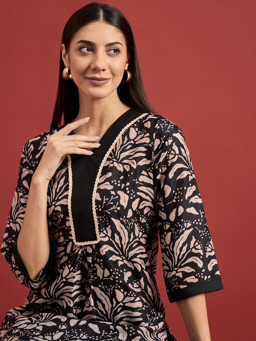 Black  Polyester Printed A-Line Kurta  Palazzo