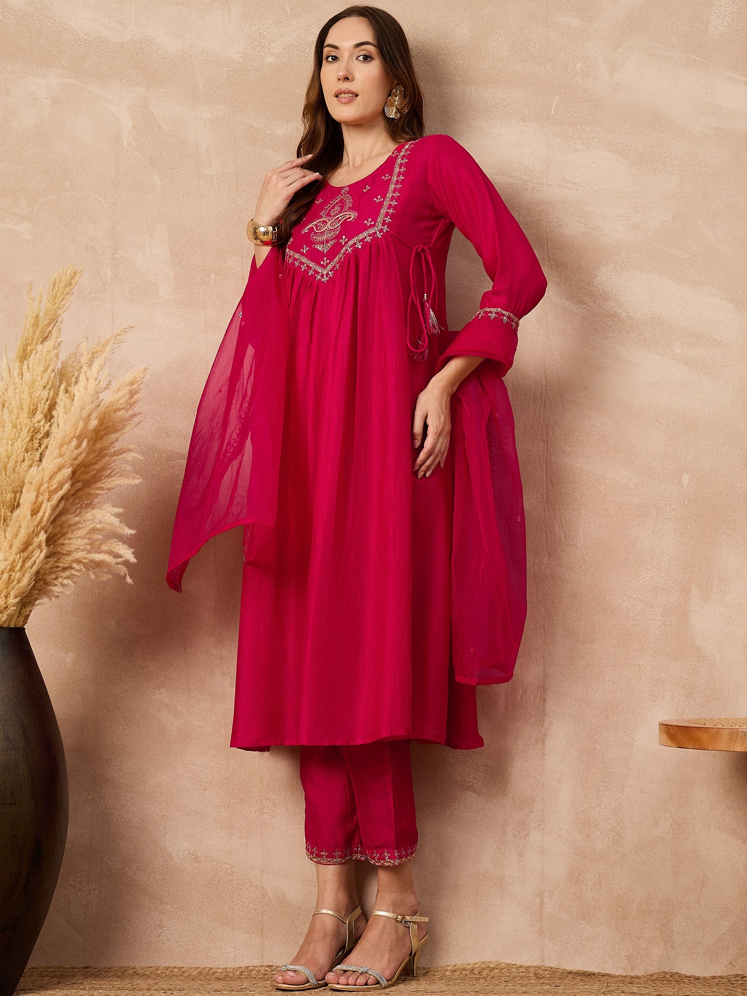 Pink  Silk Blend Embroideried A-Line Kurta Trouser