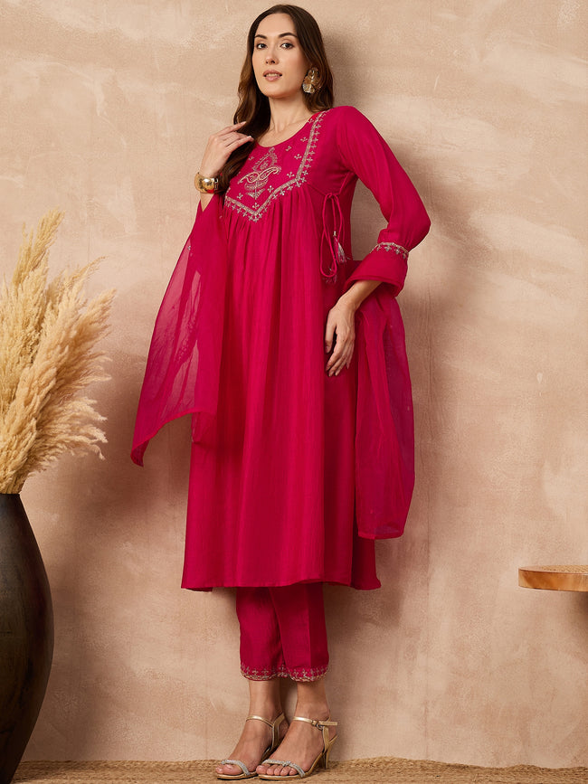 Pink  Silk Blend Embroideried A-Line Kurta Trouser
