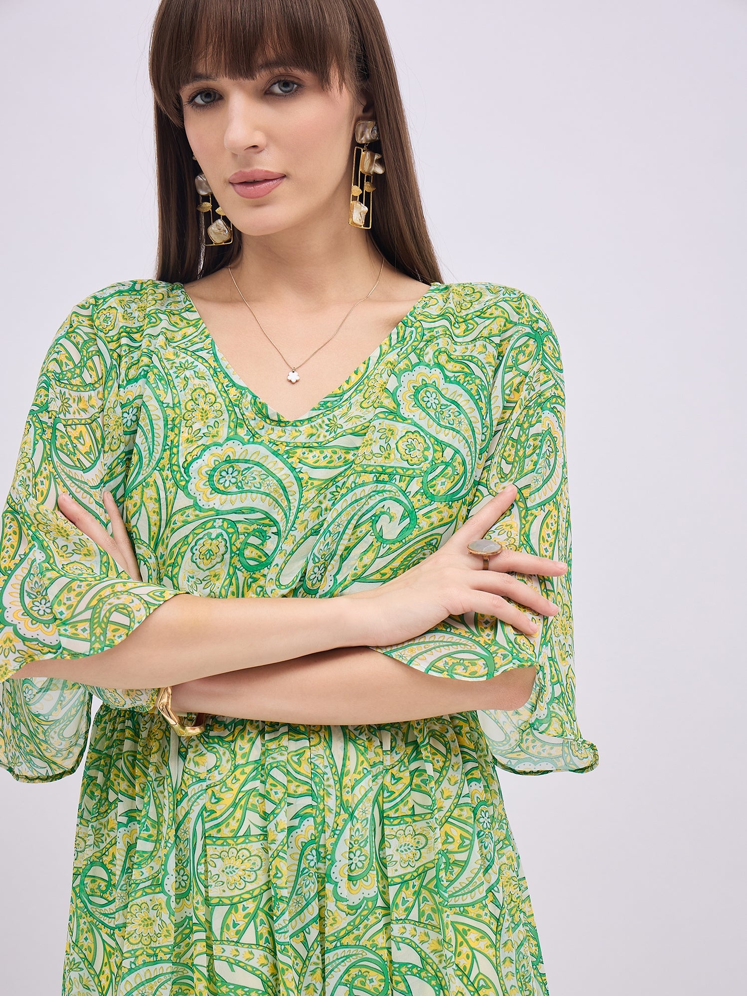 Multi Polyester Printed Butterfly Sleeves Paisley Dress