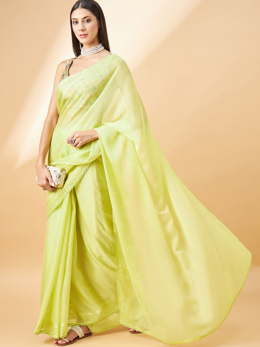 Lime Green Pure Chiffon Solid with Embllished Border Saree with Unstitched Fancy Blouse