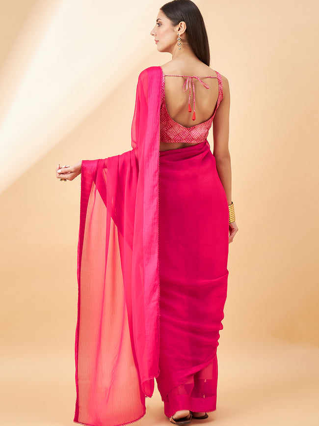 Red Pure Chiffon Solid  Saree with Unstitched Fancy Blouse