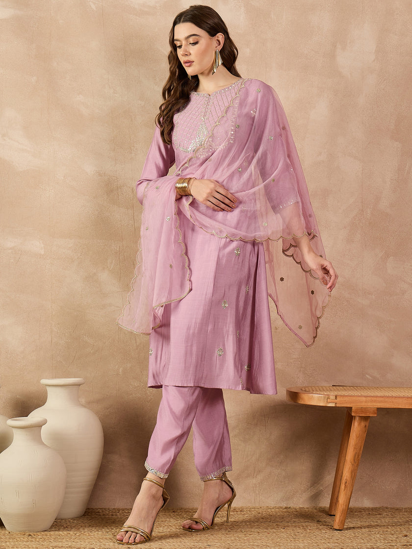 Mauve  Chanderi Silk Embroideried A-Line Kurta Trouser