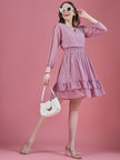 Lavender Georgette Embroidered Puff Sleeves Self Design Dress