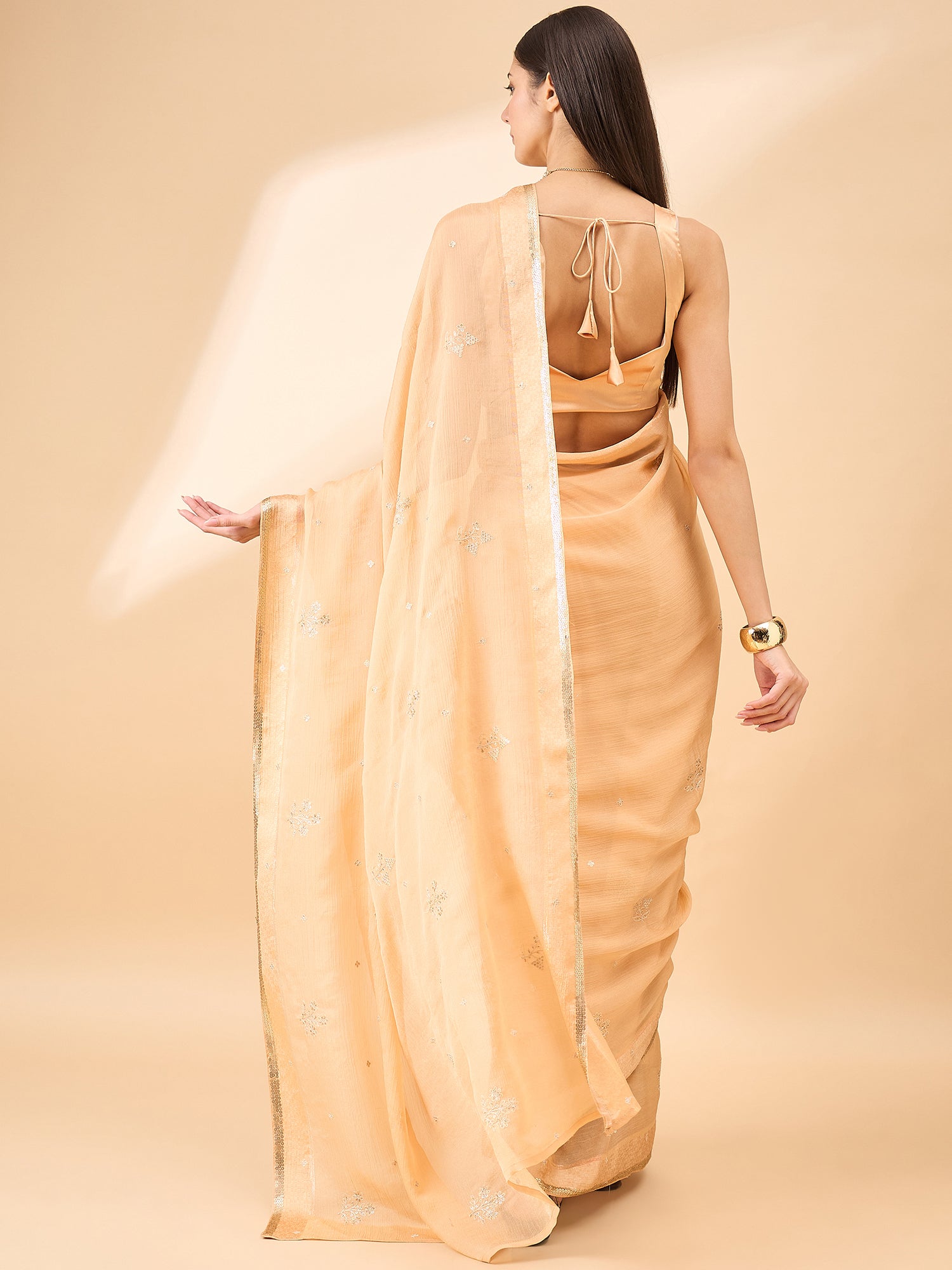 Beige Pure Chiffon Sequence Embroidery With Embellished Border Saree with Unstitched Fancy Blouse