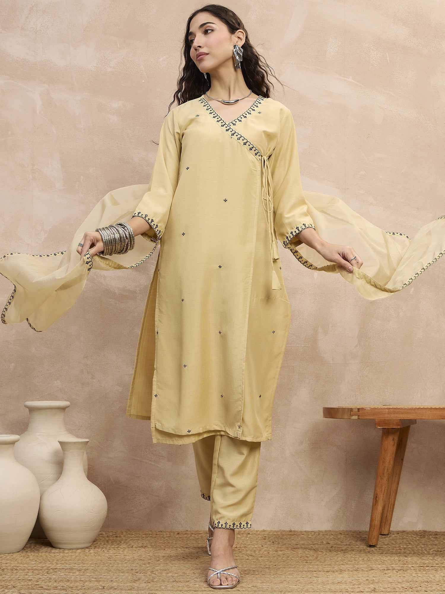 Beige  Chinon Embroideried A-Line Kurta Trouser