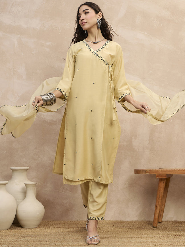 Beige  Chinon Embroideried A-Line Kurta Trouser