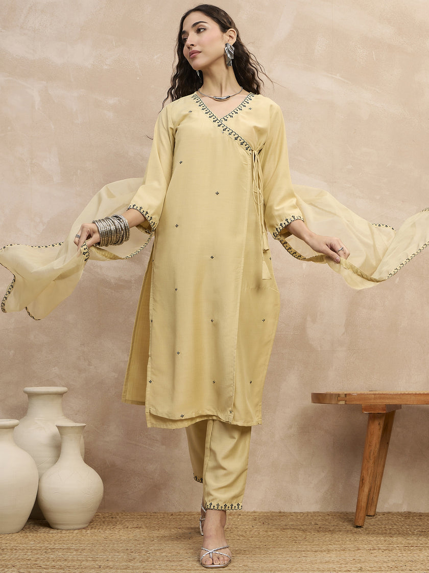 Beige  Chinon Embroideried A-Line Kurta Trouser