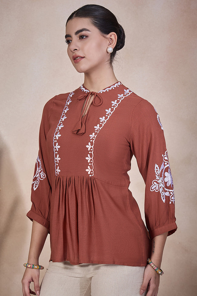 Brown Viscose Rayon Embroidered Gathered or Pleated Regular Sleeves Geometric Print Tops