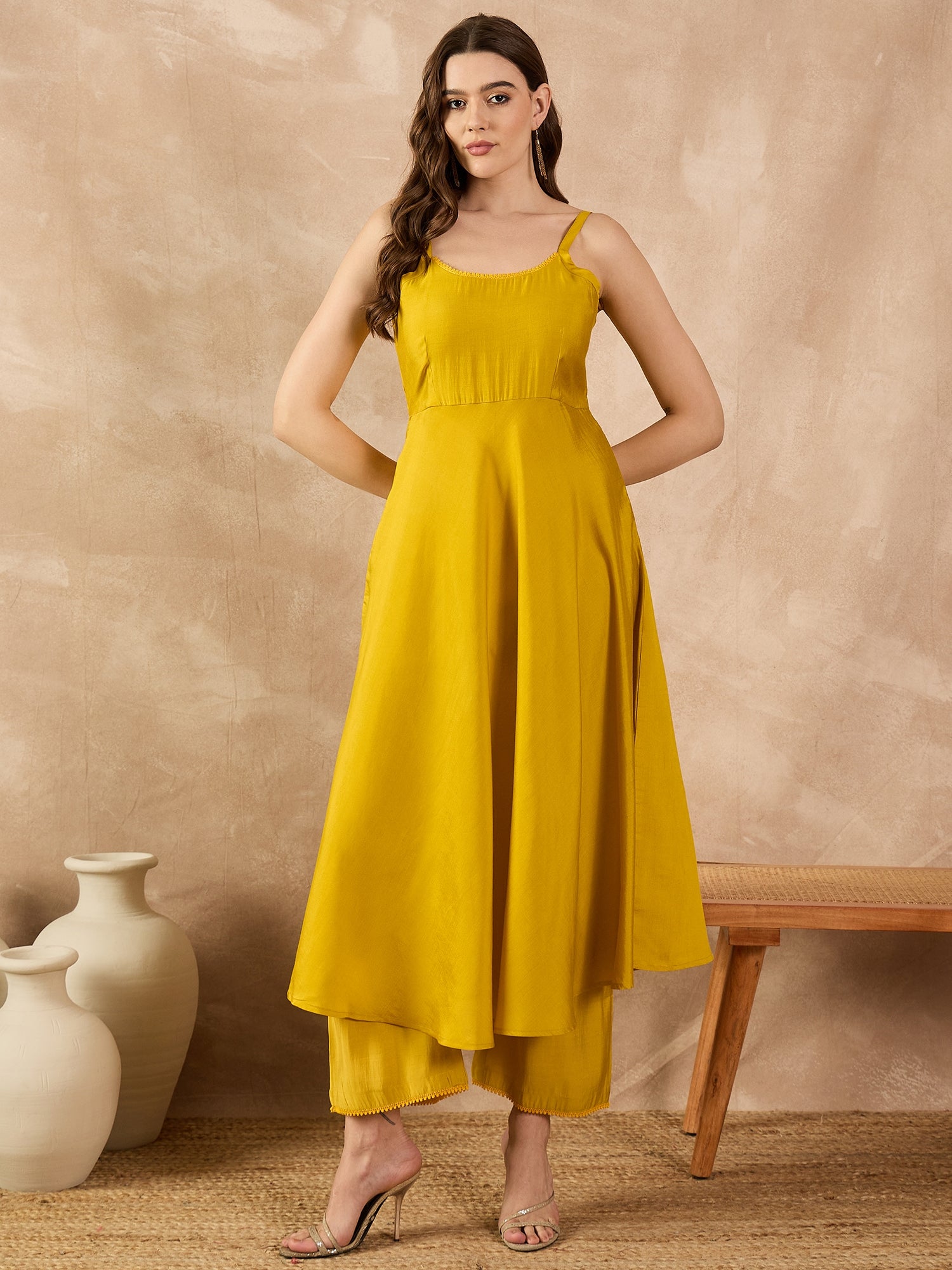 Yellow Silk Blend Solid A-Line Kurta Trouser With Floral Print Shrug