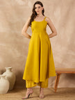 Yellow Silk Blend Solid A-Line Kurta Trouser With Floral Print Shrug