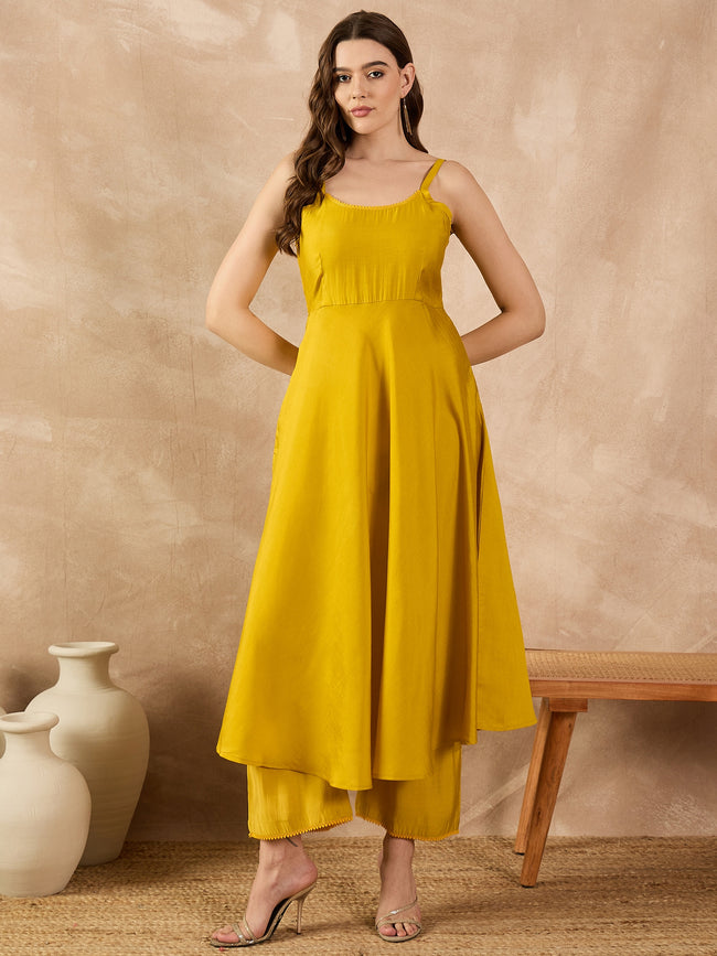 Yellow Silk Blend Solid A-Line Kurta Trouser With Floral Print Shrug
