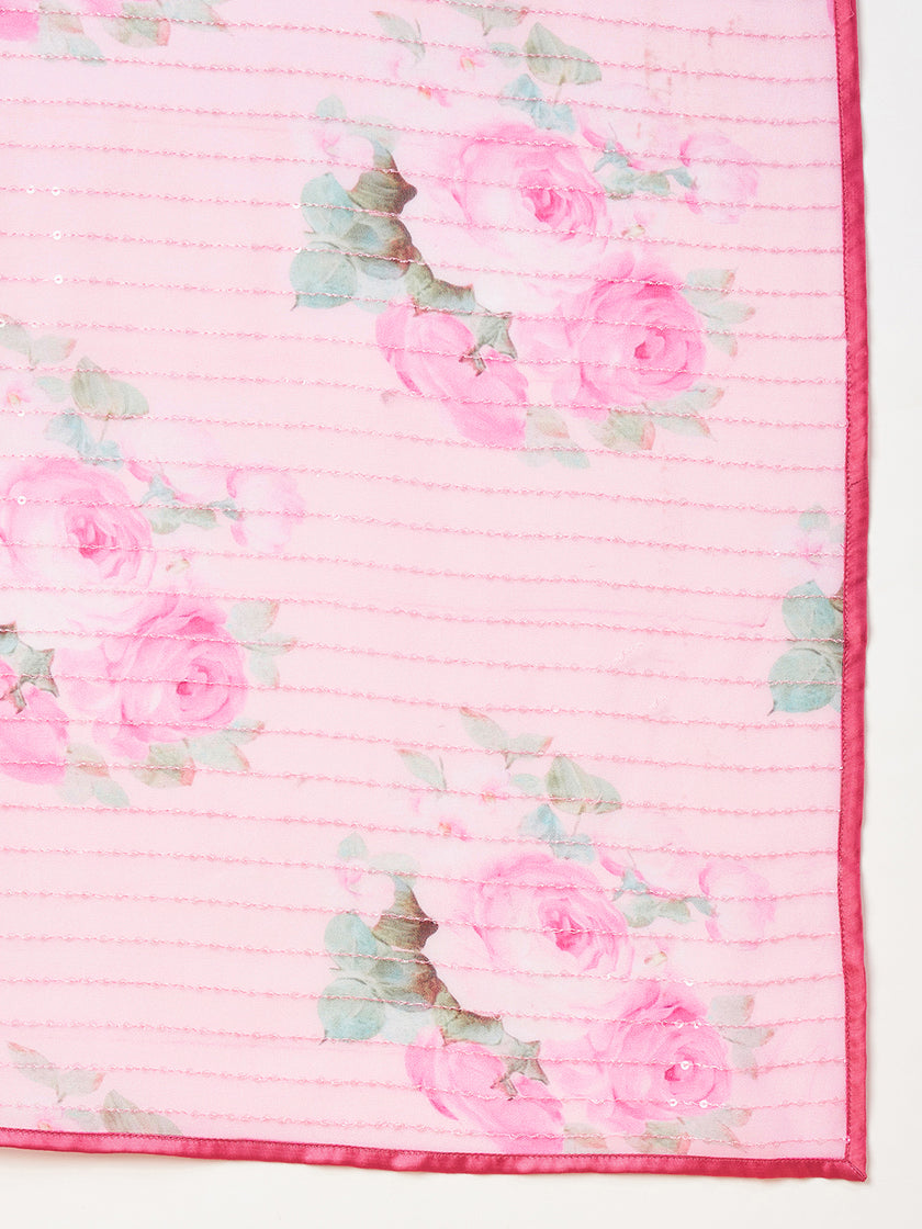 Light Pink Georgette Digital Floral Print With Embellished Lace Saree with Unstitched Fancy Blouse