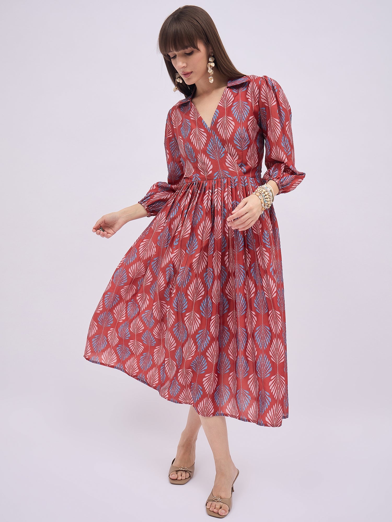 Multi Polyester Printed Puff Sleeves Floral Dress