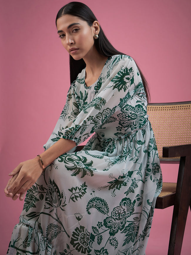 Multicolor Georgette Printed Cuffed Sleeves Floral Print Dress