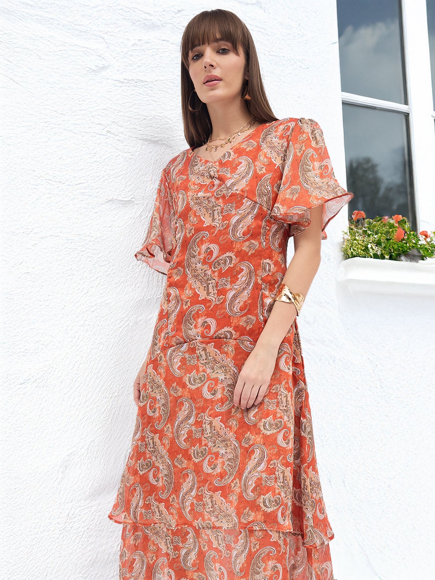 Multi BLENDED Printed Flared Sleeves Paisley Dress