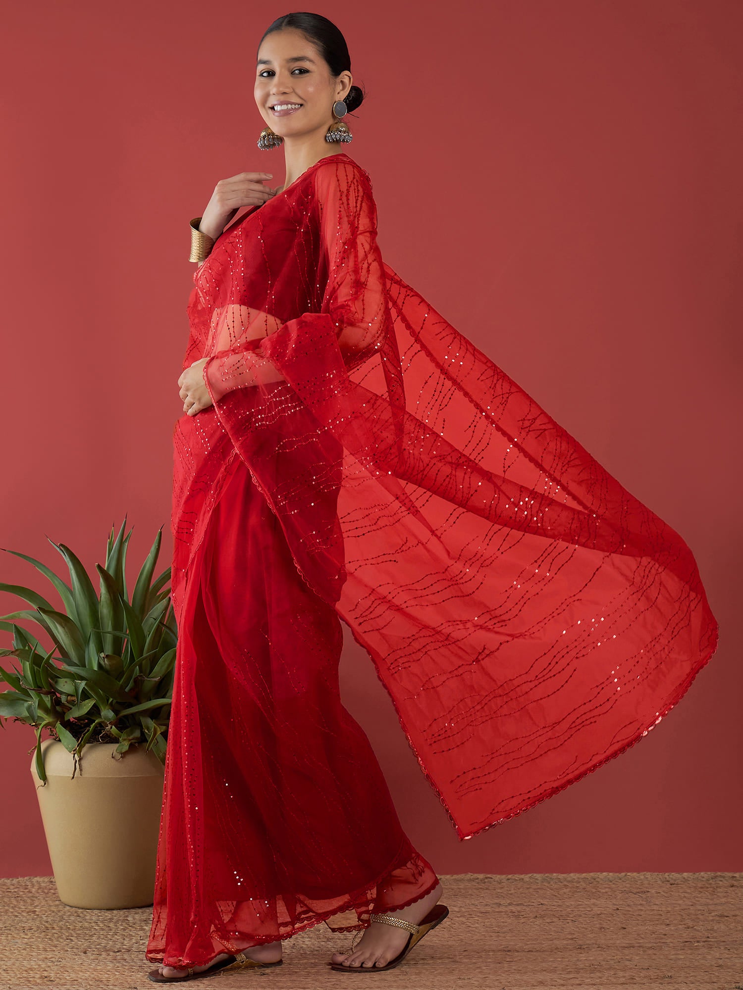 Red Net  Sequinned with Embllished Border Saree with Unstitched Fancy Blouse