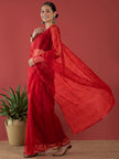 Red Net  Sequinned with Embllished Border Saree with Unstitched Fancy Blouse