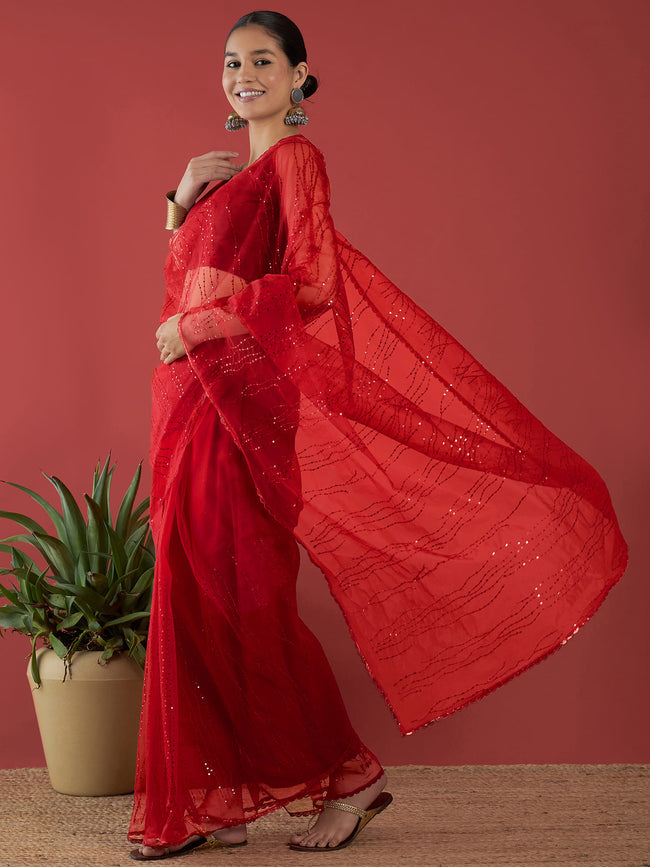Red Net  Sequinned with Embllished Border Saree with Unstitched Fancy Blouse