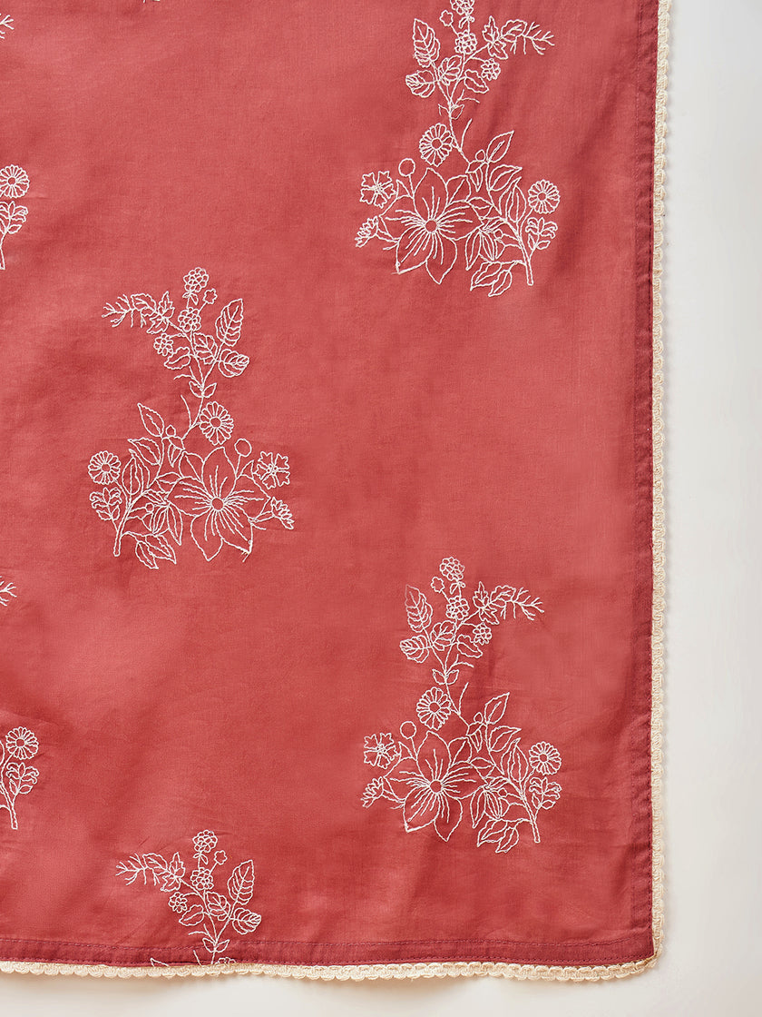 Rust Pure Cotton Solid A-Line Kurta Trouser  With Dupatta