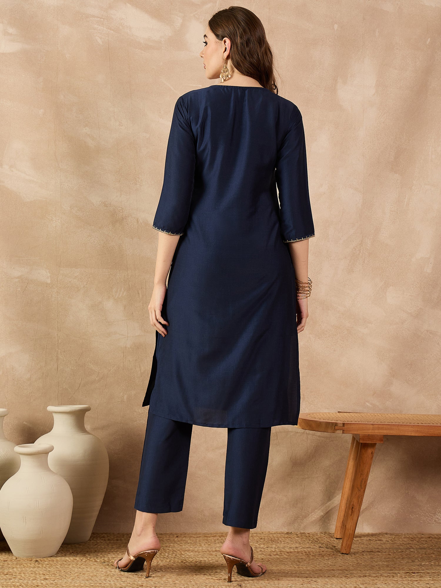 Navy Blue  Art Silk Solid A-Line Kurta Trouser