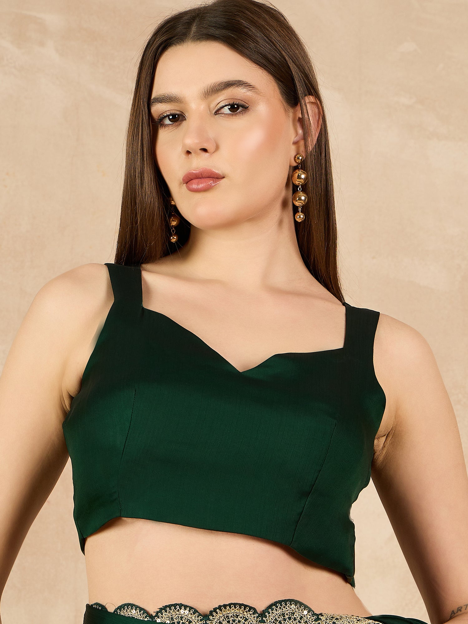 Green Satin Solid With Embellished Lace Saree with Unstitched Fancy Blouse