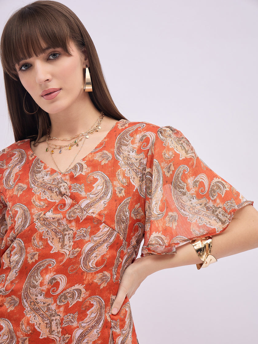 Multi BLENDED Printed Flared Sleeves Paisley Dress