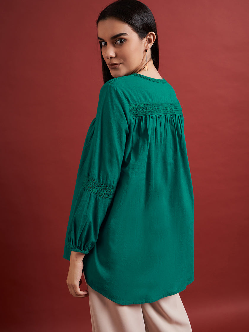Green Pure Cotton Self Design Tie-Ups Puff Sleeves Ethnic Print Tops