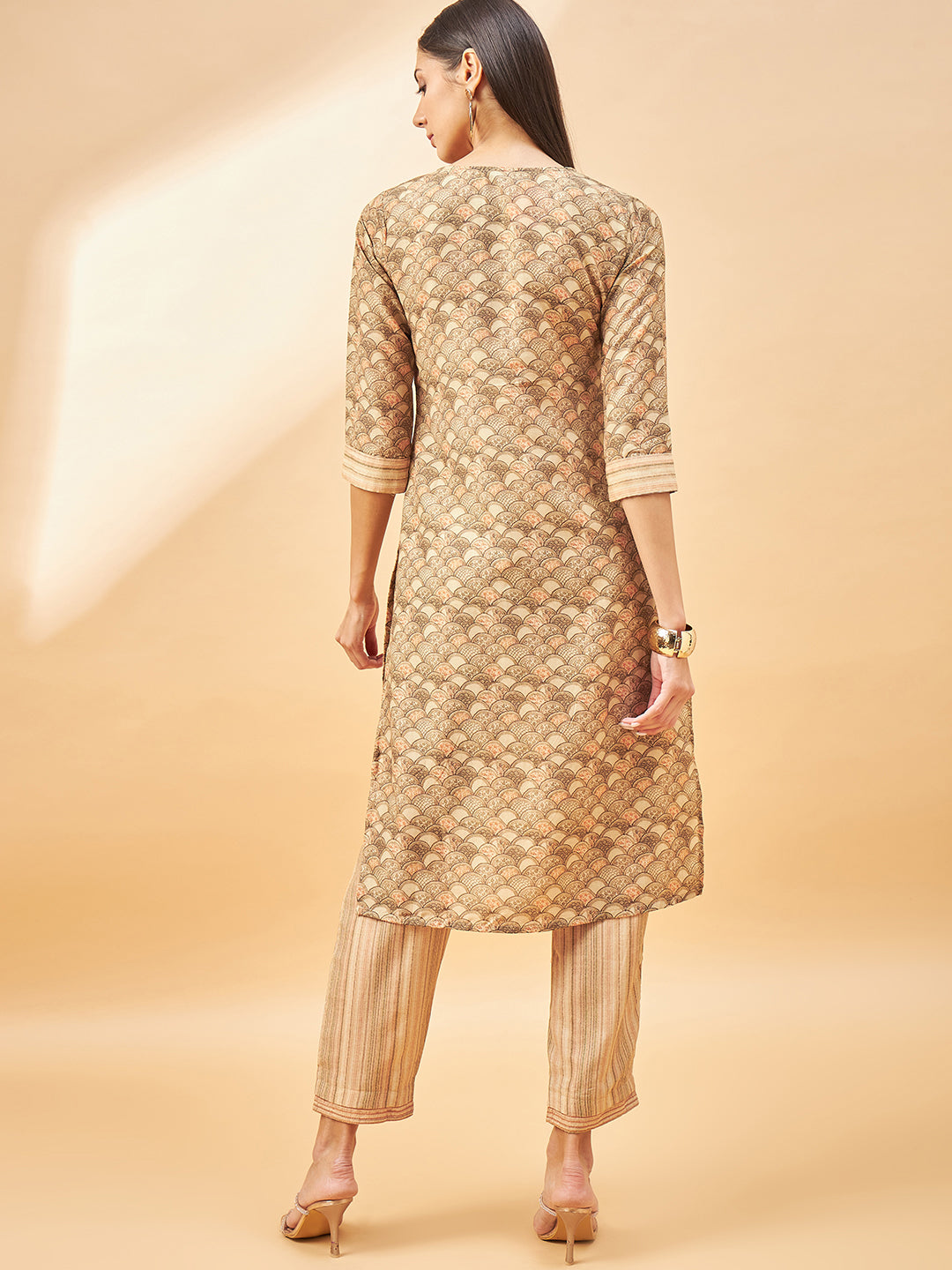 Beige Cotton Blend Printed Straight Kurta Trouser