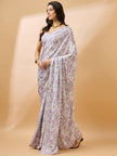 Lavender Satin Digital Floral Print With Embellished Lace Saree with Unstitched Fancy Blouse
