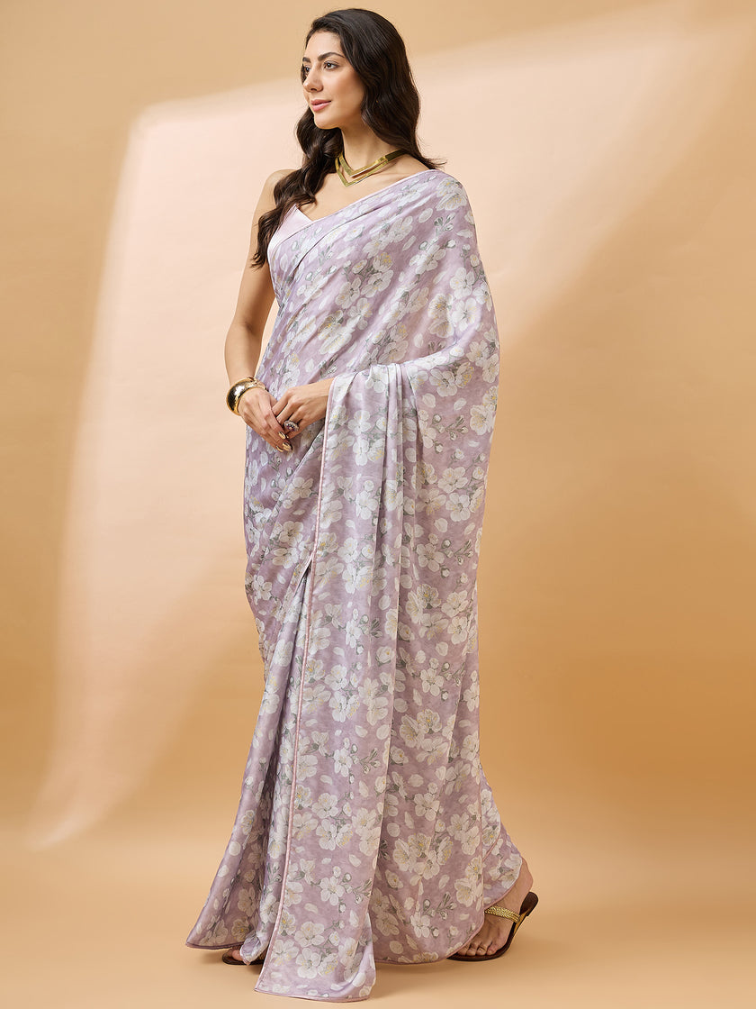 Lavender Satin Digital Floral Print With Embellished Lace Saree with Unstitched Fancy Blouse