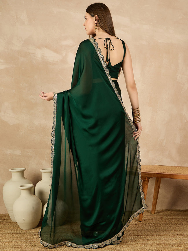 Green Satin Solid With Embellished Lace Saree with Unstitched Fancy Blouse