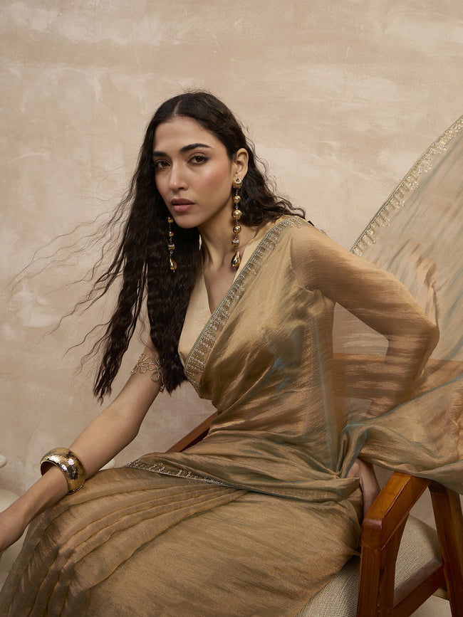 Beige Organza Solid With Stone Work Border Saree with Unstitched Blouse