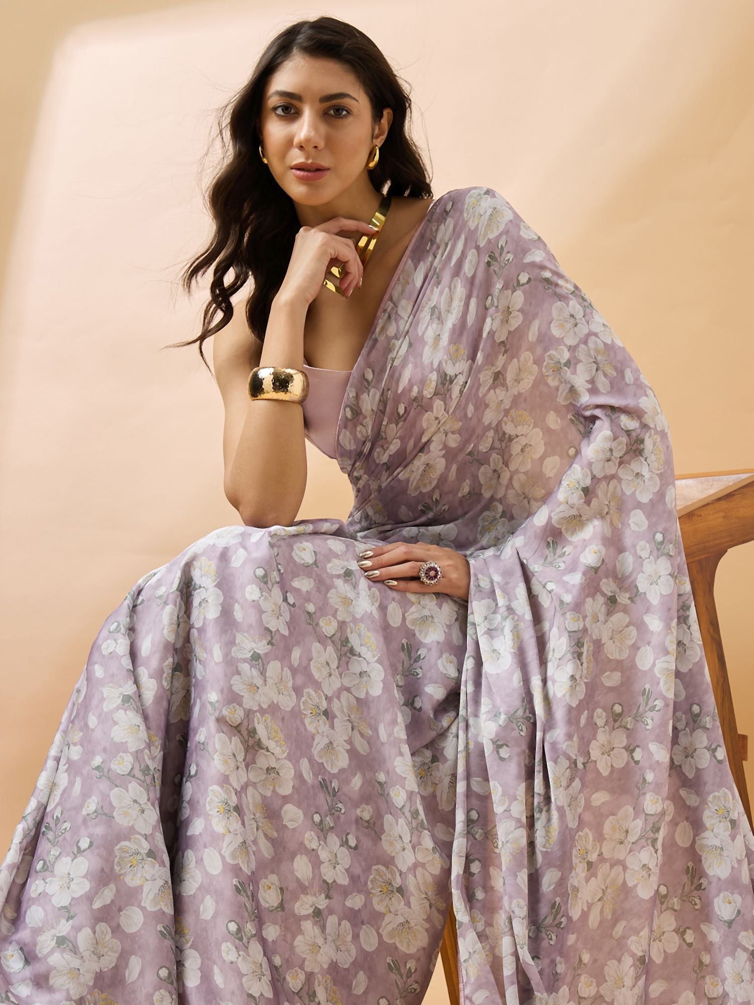 Lavender Satin Digital Floral Print With Embellished Lace Saree with Unstitched Fancy Blouse