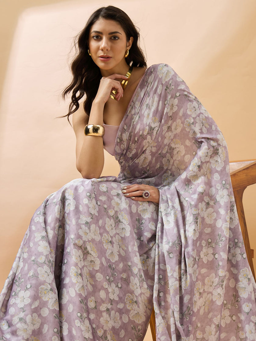 Lavender Satin Digital Floral Print With Embellished Lace Saree with Unstitched Fancy Blouse