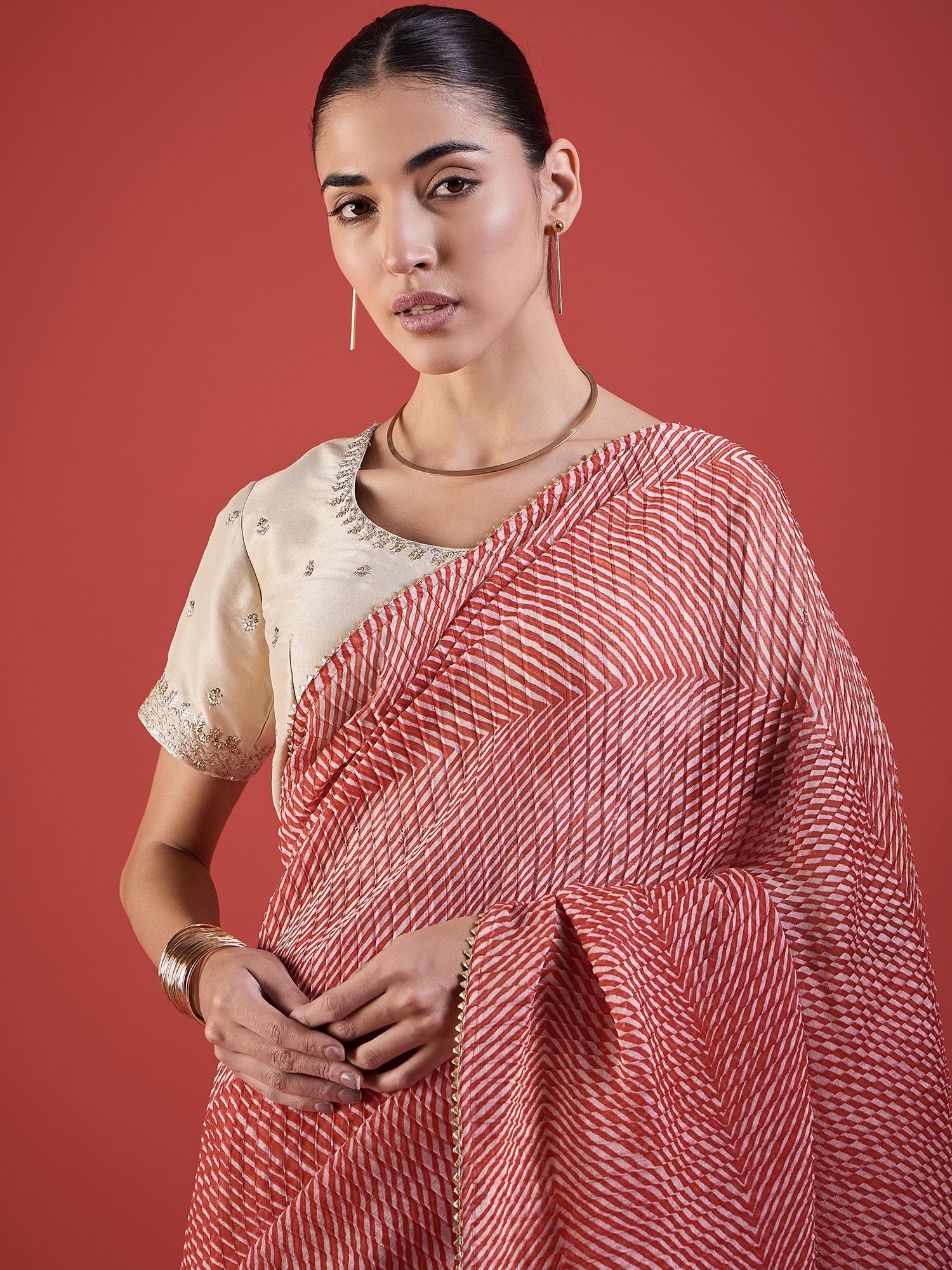 Pink  Pure Chiffon ZigZag Pattern Print With Embellished Lace Saree with Unstitched Fancy Blouse