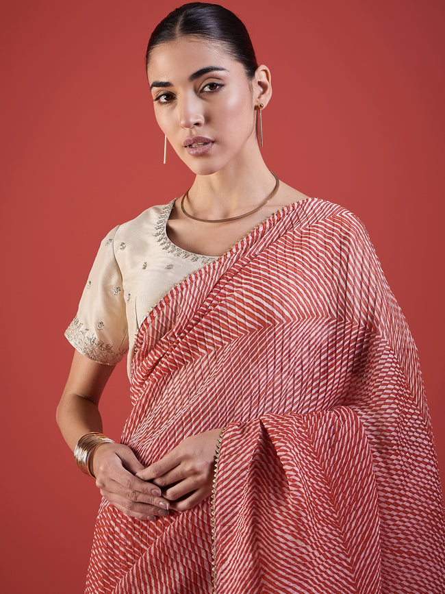 Pink  Pure Chiffon ZigZag Pattern Print With Embellished Lace Saree with Unstitched Fancy Blouse