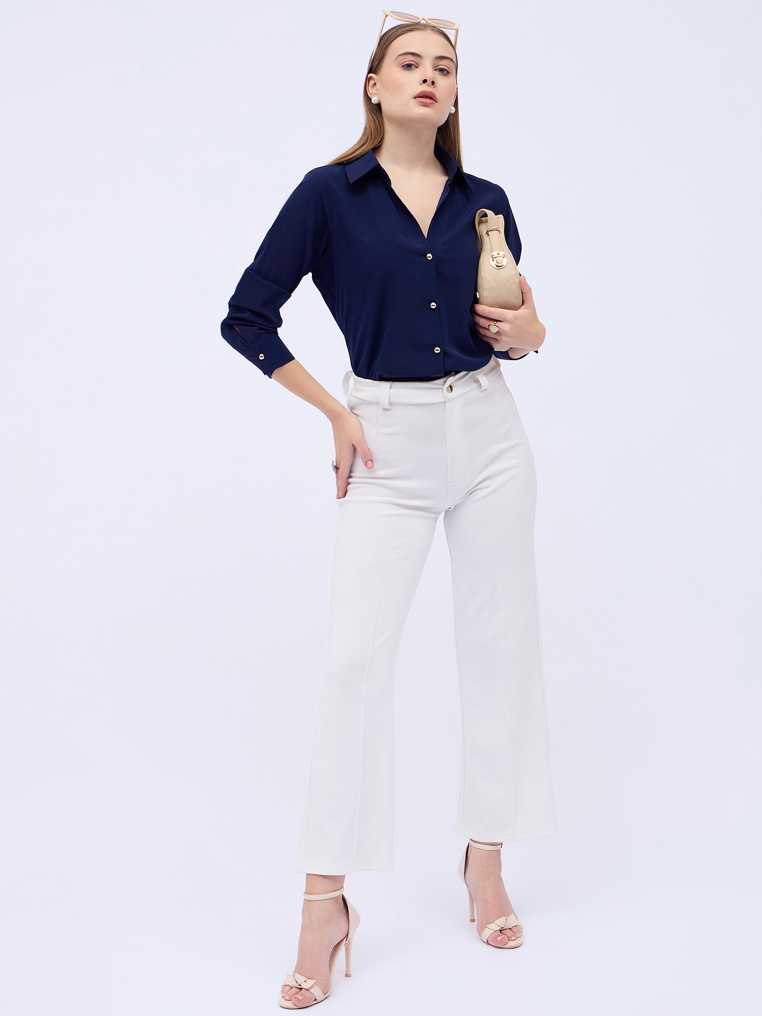 Blue Satin Solid NA Regular Sleeves New Basics  Tops