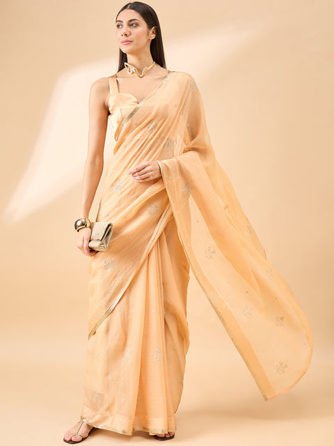Beige Pure Chiffon Sequence Embroidery With Embellished Border Saree with Unstitched Fancy Blouse