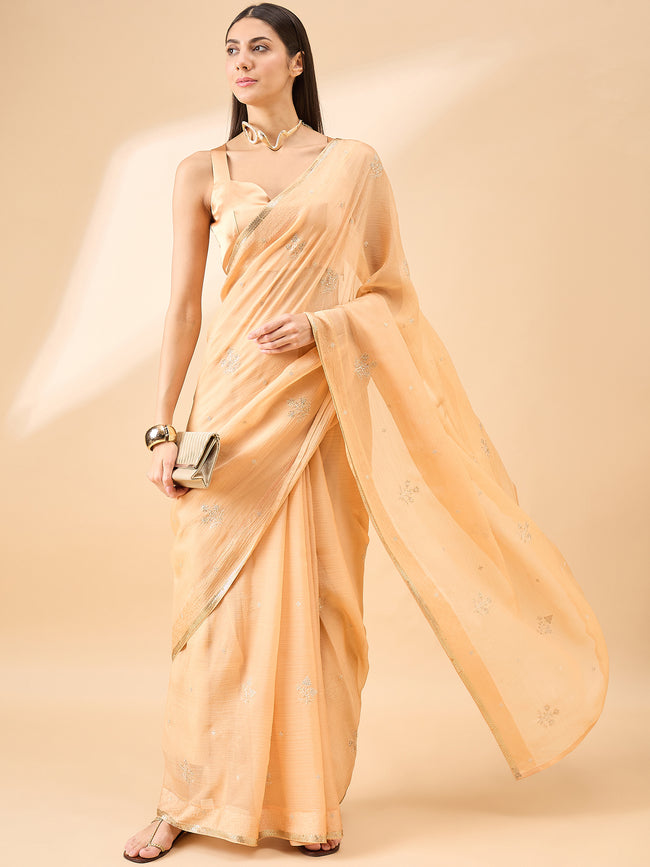 Beige Pure Chiffon Sequence Embroidery With Embellished Border Saree with Unstitched Fancy Blouse