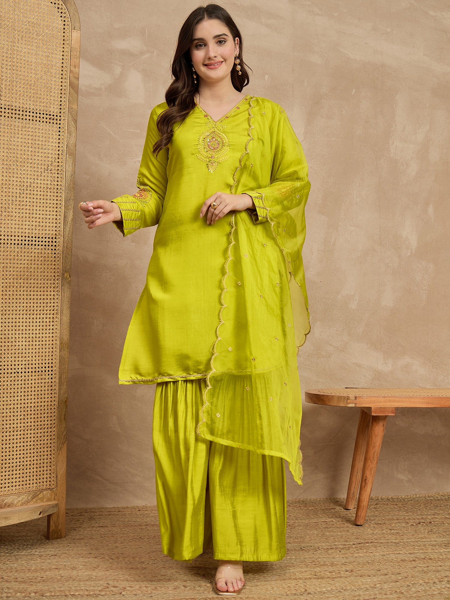 Yellow  Silk Blend Embroideried Straight Kurta Sharara