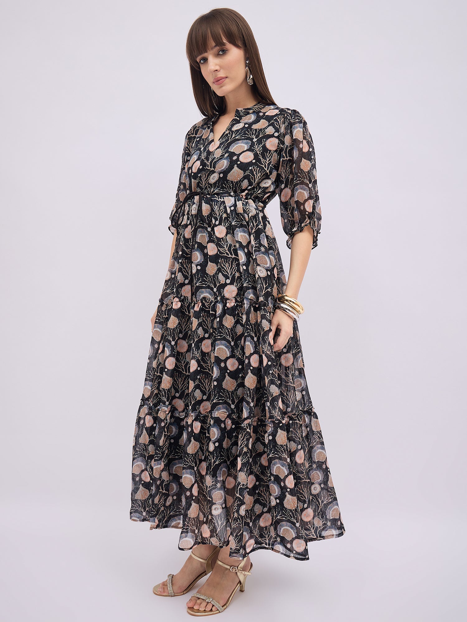 Multi BLENDED Printed Regular Sleeves Floral Dress
